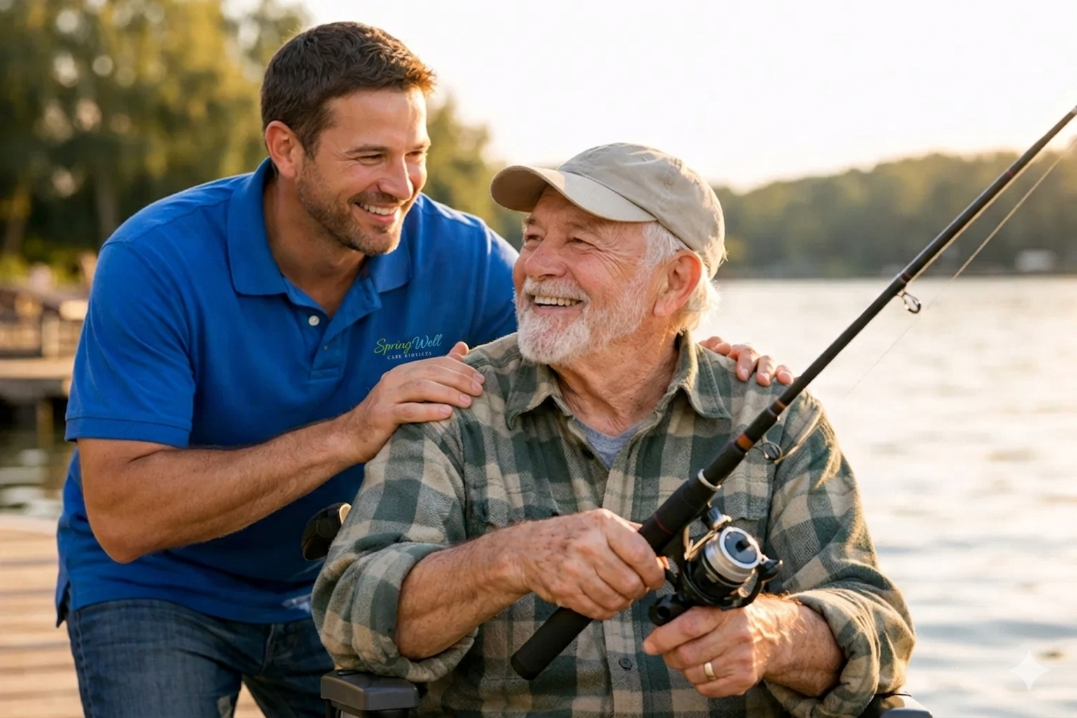 Caregiver and senior fishing together