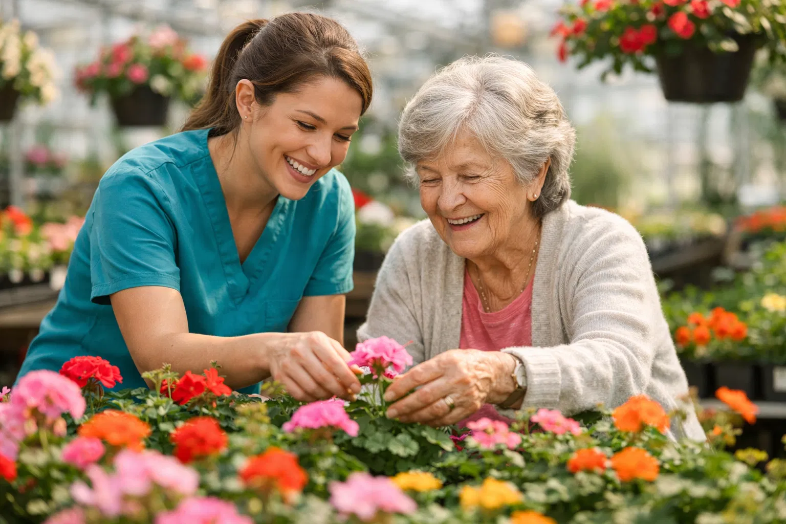 Caregiver and senior gardening together