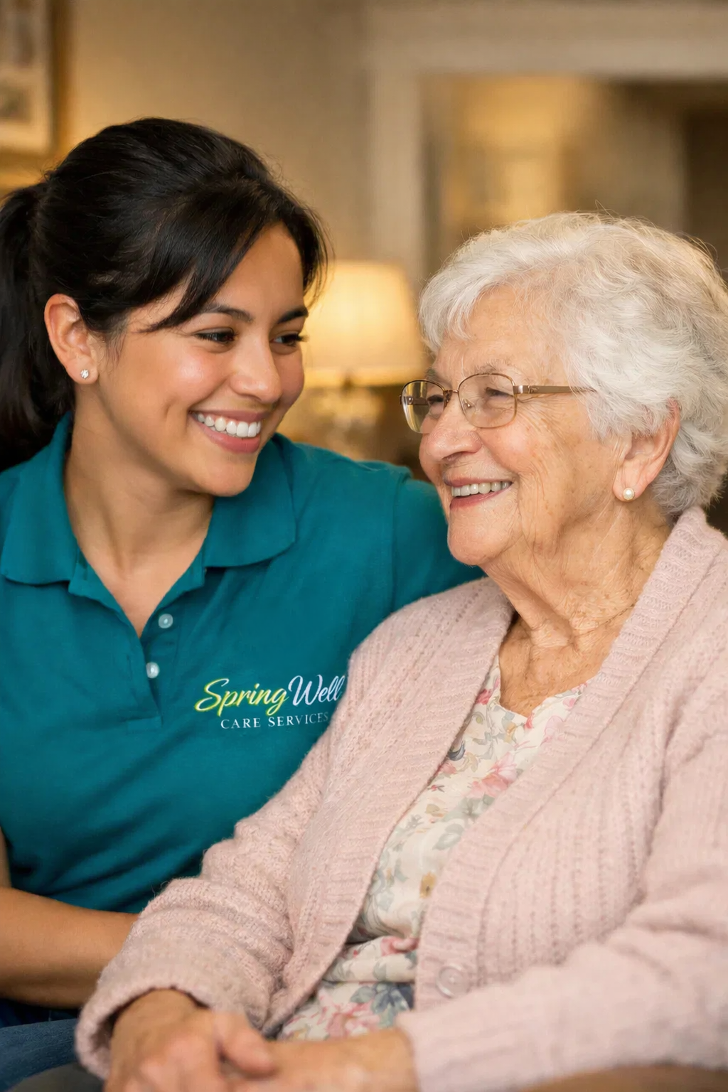 Caregiver talking with senior