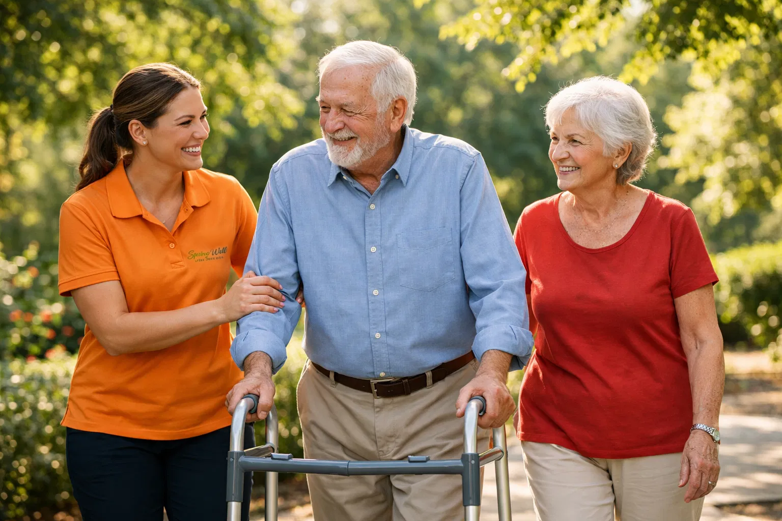 Caregiver helping elderly couple